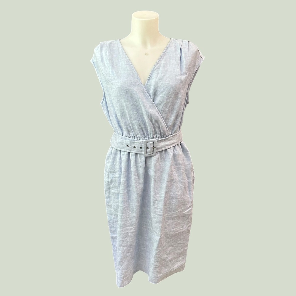 J. McLaughlin Blue V neck Linen Blend Belted Sleeveless Midlength Dress sz L